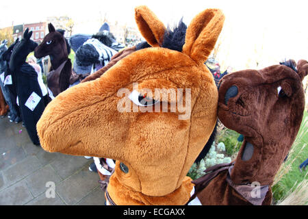 Londra, Regno Unito. Il 14 dicembre 2014. Concorrenti della Londra annuale pantomima cavallo di razza, Greenwich, Londra che è una carità fun run con persone vestite come Pantomime Cavalli (e zebre!) in aiuto il Demelza ricovero per bambini. Quest anno il tema è stato la fantascienza e l'evento iniziato con la sfilata di un corteo guidato da Darth Vader e la sua Stormtroopers e molti Princess Leias erano a portata di mano per assistere con la esecuzione della gara. Credito: Paul Brown/Alamy Live News Foto Stock