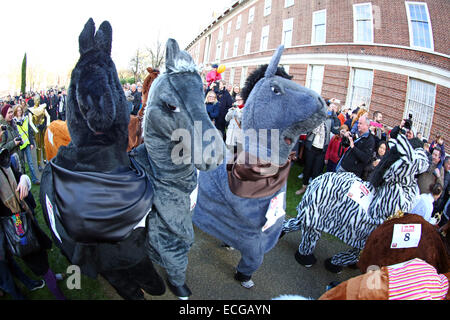 Londra, Regno Unito. Il 14 dicembre 2014. Concorrenti della Londra annuale pantomima cavallo di razza, Greenwich, Londra che è una carità fun run con persone vestite come Pantomime Cavalli (e zebre!) in aiuto il Demelza ricovero per bambini. Quest anno il tema è stato la fantascienza e l'evento iniziato con la sfilata di un corteo guidato da Darth Vader e la sua Stormtroopers e molti Princess Leias erano a portata di mano per assistere con la esecuzione della gara. Credito: Paul Brown/Alamy Live News Foto Stock