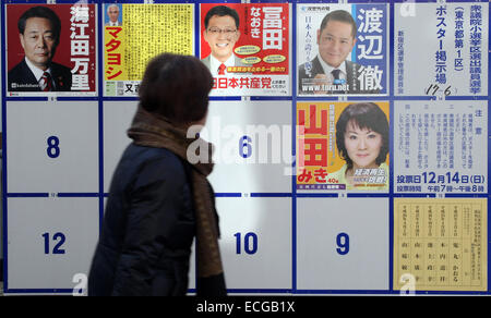 Tokyo, Giappone. Xiv Dic, 2014. La donna passa da poster dei candidati durante la casa inferiore alle elezioni del dicembre 14, 2014 a Tokyo, Giappone. © Junko Kimura-Matsumoto Jana/press/ZUMA filo/Alamy Live News Foto Stock