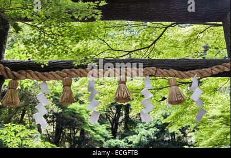 Una corda sacra di paglia di riso (shimenawa) segna l'ingresso ad un santuario shintoista nel villaggio rurale di Arashiyama, ad ovest di Kyoto, in Giappone Foto Stock