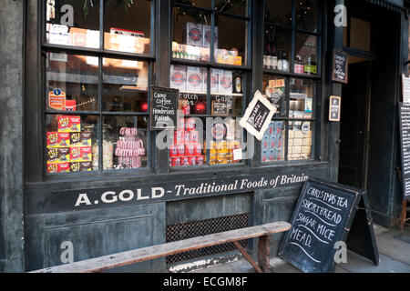 A. oro tradizionale cibo british negozio delicatessen in Spitalfields, Shoreditch East London, Regno Unito KATHY DEWITT Foto Stock