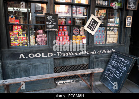 A. Oro britannico tradizionale negozio di alimentari in Spitalfields, Shoreditch East London, Regno Unito KATHY DEWITT Foto Stock