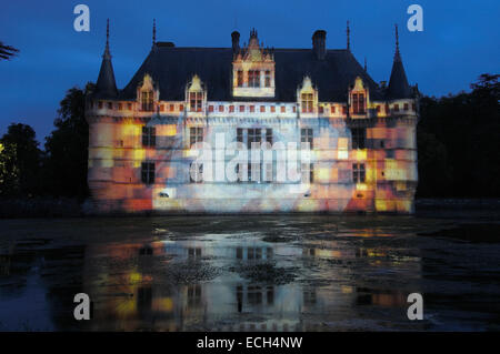 Azay-le-Rideau Chateau, son et lumière mostra al Castello di Azay-le-Rideau, costruito dal 1518 al 1527 da Gilles Berthelot in Foto Stock