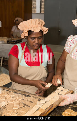 Maurizio, Mahebourg, Biscuiterie Rault manioca biscottificio, donne lievito trasformati mix di tapioca Foto Stock