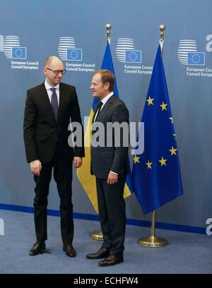 Bruxelles, Belgio. 15 dic 2014. Presidente del Consiglio europeo Donald Tusk (R) ucraino saluta il Primo Ministro Arseniy Yatsenyuk in occasione del Consiglio europeo di Bruxelles, Belgio, Dicembre 15, 2014. © Zhou Lei/Xinhua/Alamy Live News Foto Stock