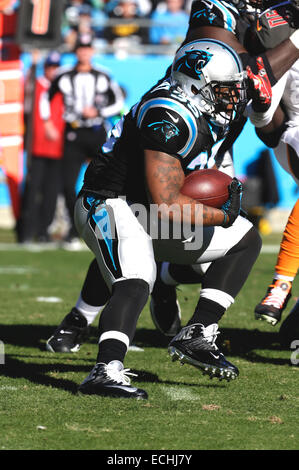 Charlotte, NC, Stati Uniti d'America. Xiv Dic, 2014. Carolina Panthers fullback Mike Tolbert #35 trova un foro nella linea difensiva in un gioco di NFL contro il Tampa Bay Buccaneers presso la Bank of America Stadium il 14 dicembre 2014, a Charlotte, NC. Le Pantere sconfitto il Buccaneers 19-17. Margaret Bowles/CSM/Alamy Live News Foto Stock