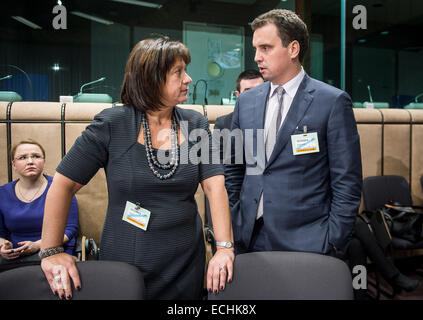 Bruxelles, Belgio. 15 dic 2014. Per l'Ucraina il ministro delle finanze Natalie Jaresko (L) colloqui con il Ministro dell'economia Aivaras Abromavicius prima della riunione a livello europeo la sede del Consiglio a Bruxelles, in Belgio il 15.12.2014 da Wiktor Dabkowski Credito: Wiktor Dabkowski/ZUMA filo/Alamy Live News Foto Stock