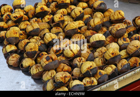 La tostatura le castagne sulla griglia da parte di un venditore ambulante ad Istanbul in Turchia Foto Stock