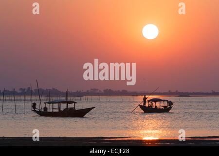 India, Odisha, Satapada, tramonto sulla laguna Chilika, barche Foto Stock