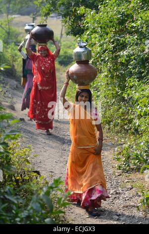 India Rajasthan, Udaipur regione, le donne che trasportano acqua prelevata formano il borgo ben Foto Stock
