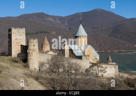 Ananuri è un complesso del castello sul fiume Aragvi in Georgia. Castello è situato contro il ramo delle montagne del Caucaso. Foto Stock