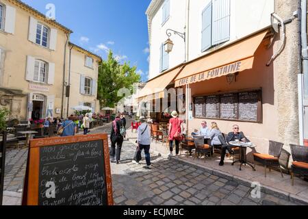 Francia, Vaucluse, Parc Naturel Regional du Luberon (Parco naturale regionale del Luberon), Lourmarin, etichettati Les Plus Beaux Villages de France (i più bei villaggi di Francia), terrazza del caffè Foto Stock