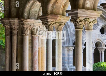 Francia, Aude, dettaglio del colonade della galleria del chiostro di Sainte Marie de Fontfroide abbazia cistercense Foto Stock
