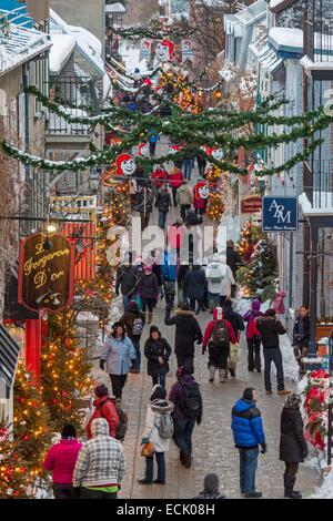 Canada, Québec, Provincia di Quebec City in inverno il Petit-Champlain nella Vecchia Quebec dichiarato patrimonio mondiale dall'UNESCO, la Rue du Petit-Champlain nel crepuscolo Foto Stock