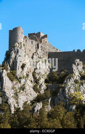 Francia, Aude, Lapradelle Puilaurens, castello Cathare di Puilaurens nella valle Boulzane (Corbieres) Foto Stock