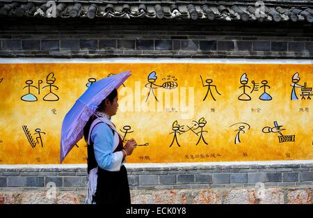 La Cina, nella provincia dello Yunnan, Lijiang, Naxi caratteri incisi su una parete di Baisha tempio taoista Foto Stock