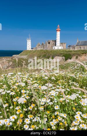Francia, Finisterre, Plougonvelin, stop sul cammino di Compostela, Pointe Saint Mathieu, Saint Mathieu faro, Saint Mathieu de Fine-Terre abbazia e il semaforo Foto Stock