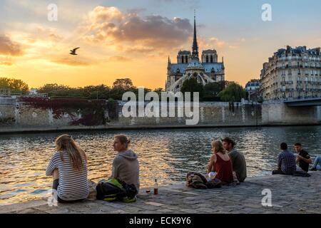 Francia, Parigi, le rive della Senna sono classificati come patrimonio mondiale dall'UNESCO, la cattedrale di Notre Dame, l'Ile de la Cite, al tramonto, vista dal Quai d'Orleans Foto Stock