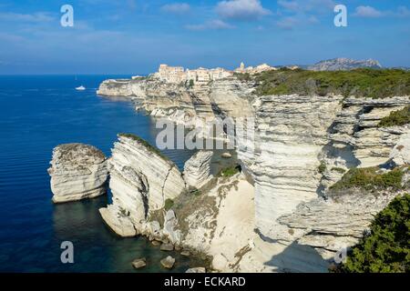 In Francia, in Corse-du-Sud, Bonifacio, la città vecchia o Città Alta arroccato su scogliere calcaree più di 60 metri di altezza, il granello di sabbia in primo piano Foto Stock