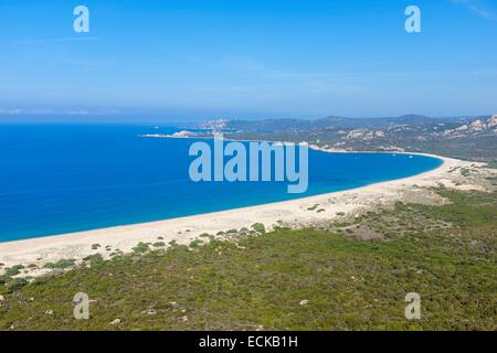 In Francia, in Corse-du-Sud, Roccapina sito naturale, vista panoramica dalla torre genovese sulla spiaggia di Erbaju Foto Stock