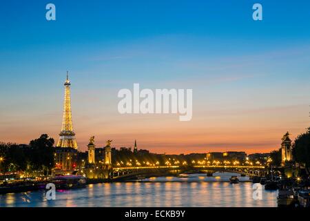 Francia, Parigi, zona elencata come patrimonio mondiale dall' UNESCO, Alexandre III e la Torre Eiffel (SETE ⌐ luminarie Pierre Bideau-Bridge) Foto Stock