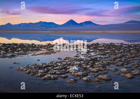 Il Cile, Antofagasta Regione, Salar de Atacama, crepuscolo presso Laguna Tebenquiche nel Salar de Atacama in Cile la regione più settentrionale dell', El Norte Grande. Pochi minuti dopo il tramonto la luce inizia una coloratissima festa per gli occhi che si affaccia su acque cristalline del Foto Stock