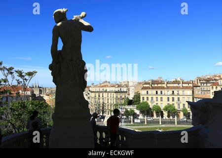 Francia, Bouches du Rhone, Marsiglia, distretto di Longchamp, Palazzo Longchamp costruito nel XIX secolo, monumento storico, il padiglione centrale, il Water Tower, Triton suonare la conchiglia Foto Stock