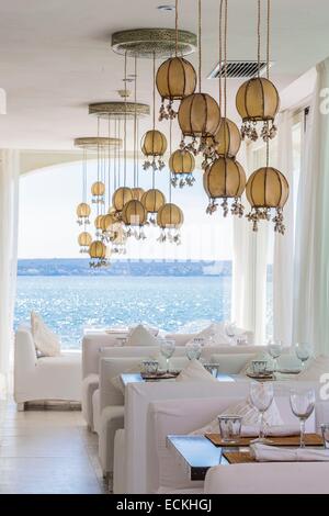 Isole Baleari Spagna, Mallorca, Palma de Mallorca, Puro Beach Bar aperto nel 2005, si affaccia sul Mare Mediterraneo Foto Stock