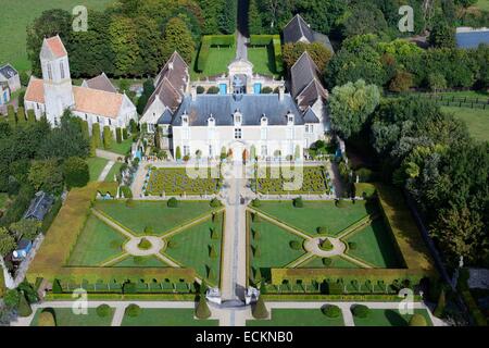 Francia, Calvados, San Gabriel Brecy, il castello e i giardini di Brecy (vista aerea) Foto Stock