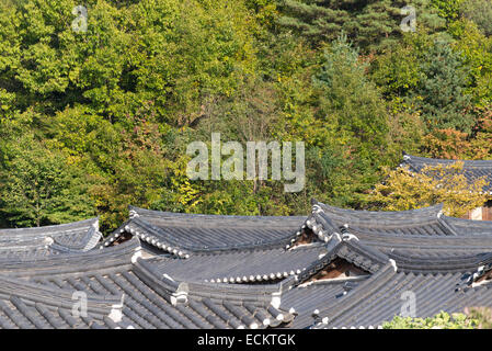 Tetto di tegole di Korean architettura tradizionale in un villaggio Foto Stock