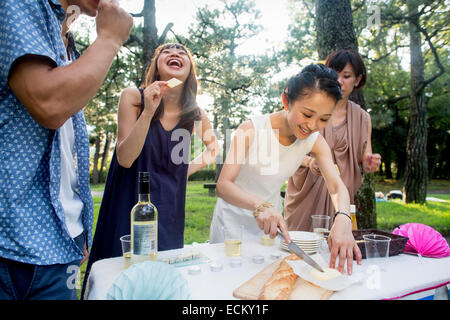 Il gruppo di amici a una festa all'aperto in una foresta. Foto Stock