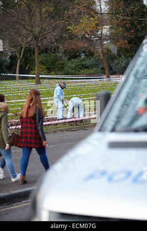 Londra, Regno Unito. Xvi Dec, 2014. Un uomo è stato ucciso nella gamba la scorsa notte (15 dicembre 2014) a circa 23.30 vicino a campi di Highbury park, a seguito di una perturbazione presso il Garage music venue. Scena del crimine gli investigatori (in blu) sono illustrati oggi, ricerca la zona con un rivelatore di metalli. Gli ufficiali di polizia di guardia intorno alla scena del crimine. L'uomo di lesioni non sono pensati per essere un pericolo per la vita. Islington. Londra. Regno Unito. Dicembre 16th, 2014. Credito: Sam Barnes/Alamy Live News Foto Stock