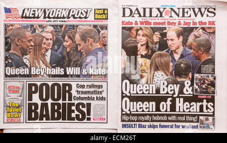 Pagine anteriori su Martedì, 9 dicembre, 2014 del New York Daily News e il New York Post impiego simile notizia alla relazione su la sera precedente la visita di il Duca e la Duchessa di Cambridge per il Barclays Center di Brooklyn per guardare una partita di basket durante la loro visita reale a New York. Mentre vi royal cupel sono stati accolti da Beyonce e Jay-z. (© Richard B. Levine) Foto Stock