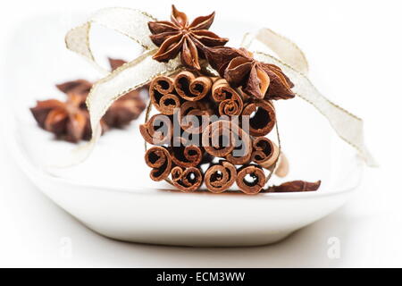 La cannella (Cinnamomum verum) bastoni e anice stellato (Illicium verum) in un vassoio bianco su sfondo bianco Foto Stock