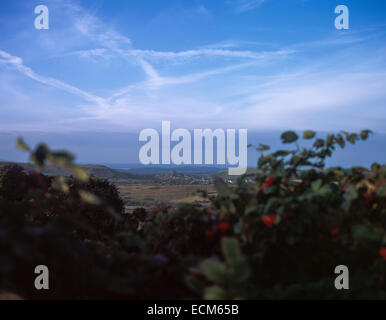 Corfe Castle affiancato da East Hill e West Hill Il Purbeck Hills il Isle of Purbeck Dorset Inghilterra Foto Stock