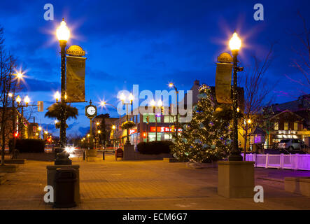 Un albero di Natale in Oakville's Towne Square al crepuscolo. In Ontario, Canada. Foto Stock