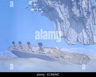 Famoso Titanic relitto della nave nell'oceano profondo sotto iceberg Foto Stock