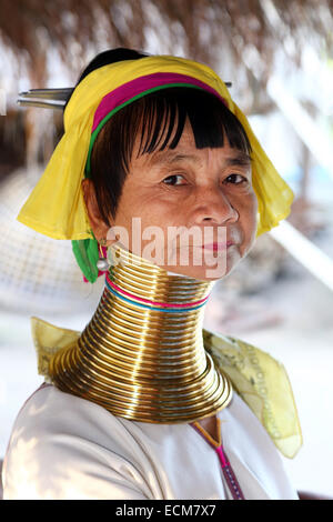 La giraffa le donne indossano anelli di ottone sul loro collo a lungo a collo alto villaggio Karen nella provincia di Chiang Rai in Thailandia Foto Stock