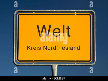 I limiti della città segno, Welt o world, distretto di Nord Friesland, Schleswig-Holstein, Germania Foto Stock