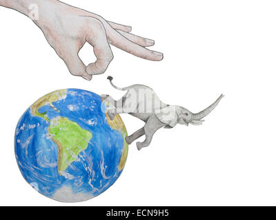 Mano umana capovolge elefante da Globe Foto Stock