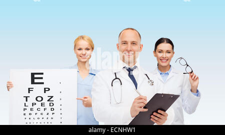 Il gruppo di medici sorridente con grafico oculare Foto Stock