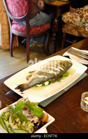 Piatto di pesce nel ristorante presso il muratore di braccia, Cumbria, Regno Unito Foto Stock