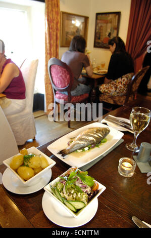 Piatto di pesce nel ristorante presso il muratore di braccia, Cumbria, Regno Unito Foto Stock