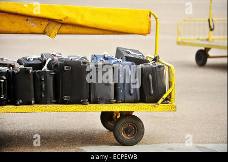 Giallo carrello caricato con i bagagli su un aeroporto pista asfaltata Foto Stock