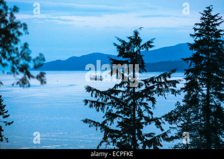 Una nave da carico lascia burrard ingresso dopo lo scarico in Vancouver o burnaby, visto da Stanley Park. i gruppi ambientalisti sono preoccupati per le petroliere Foto Stock