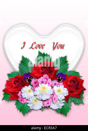 Bouquet di fiori con un cuore bianco su un gradiente di sfondo rosa Foto Stock