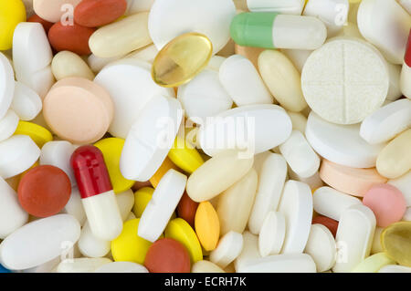 Molti farmaci colorate pillole forme sfondo texture Foto Stock