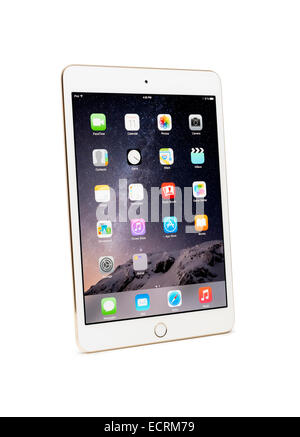 Oro bianco Apple iPad Mini 3 tablet isolato con percorso di clipping su sfondo bianco Foto Stock