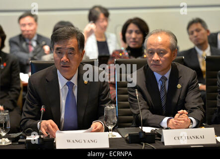 Chicago, Stati Uniti d'America. Xviii Dicembre, 2014. Cinese in visita il Vice Premier Wang Yang (L) parla alla XXV Assemblea Plenaria della Cina-STATI UNITI Commissione mista di commercio e scambi (JCCT) in Chicago, Stati Uniti, Dic 18, 2014. Il cinese e il governo americano funzionari il giovedì si è riunito per il commercio annuale colloqui in Chicago, una città negli Stati Uniti stato dell'Illinois, nella speranza di rafforzare la cooperazione futura potenziale. © Yin Bogu/Xinhua/Alamy Live News Foto Stock