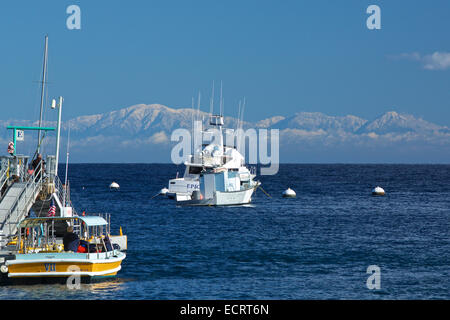 Neve fresca sulle montagne di San Gabriel visto dall Isola Catalina, California. Foto Stock